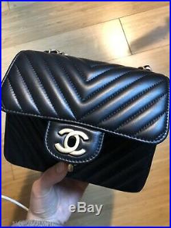 NEW CHANEL Black Chevron Lambskin Mini Square Vintage Gold hw WITH BOX and CARD