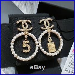 NWT 2020 Authentic CHANEL Classic CC Gold Tone Pearl Crystal Large Hoop Earrings