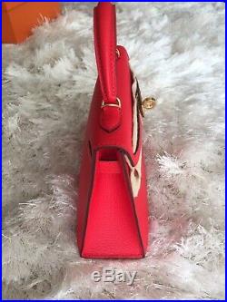 New Authentic Hermes Mini Kelly II 20 CM Red Rouge De Coeur Gold Hardware Clutch