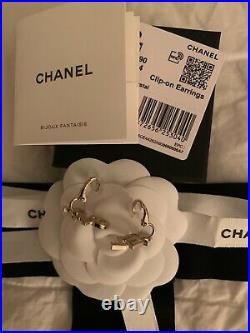 New Chanel Letter CHA NEL Gold Crystal Logo Clip-On Earrings 20B