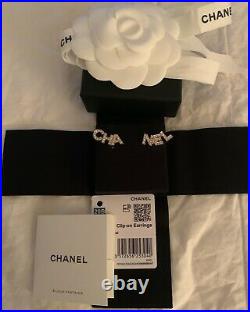 New Chanel Letter CHA NEL Gold Crystal Logo Clip-On Earrings 20B