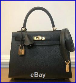 New Hermes Kelly 25 CM Sellier Black Handbag Gold Epsom Leather Special Noir