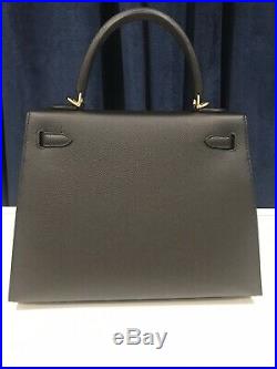 New Hermes Kelly 25 CM Sellier Black Handbag Gold Epsom Leather Special Noir