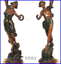 Pair Of Art Nouveau French Spelter Le Bonheur Table Lamps Made In France