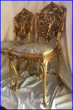 Pair of 18th Century Louis XV Monkey Chinoiserie Chairs sculpted Giltwood, Silk