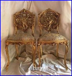 Pair of 18th Century Louis XV Monkey Chinoiserie Chairs sculpted Giltwood, Silk