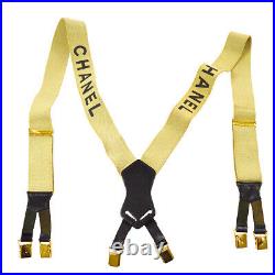 RARE! CHANEL CC Suspenders Black Beige Gold Canvas Leather Vintage Auth A50856