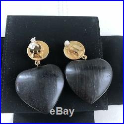 RARE COLLECTOR Chanel CC Logo LARGE Wood Heart Pearl Gold Tone Clip Earrings