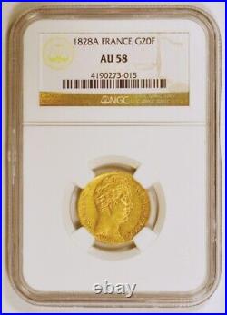 RARE GRADE 1828 France 20 Francs Gold Coin Charles X Paris Mint NGC Graded AU58