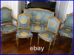 Rare French Antique 19th Century Louis XVI Gilt 5 Pc Sofa, Arm Chairs, Chairs Set