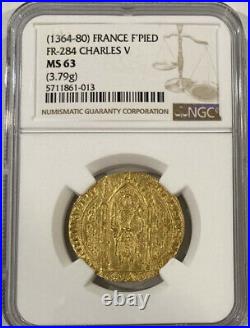 SUPERB & RARE 1364-80 King Charles V GOLD Franc a Pied Coin! MINT STATE COND
