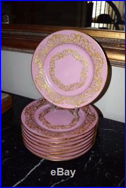 Set of 8 Antique SEVRES FRANCE Porcelain Pink Heavily Gold Ornate Plates 10.5