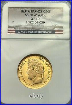 Ss New York 1834a France Gold 40 Francs Ngc Xf40 Shipwreck Recovery Coin