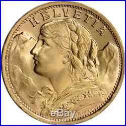 Swiss Gold 20 Francs (. 1867 oz) Helvetia BU Post 1933 Random Date