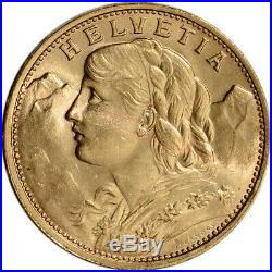 Swiss Gold 20 Francs (. 1867 oz) Helvetia BU Pre 1934 Random Date