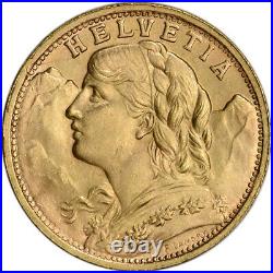 Swiss Gold 20 Francs (. 1867 oz) Helvetia XF AU Post 1933 Random Date