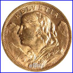 Swiss Gold 20 Francs Helvetia 0.1867 oz Random Year AU+