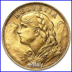 Swiss Gold 20 Francs Helvetia Almost Uncirculated AU (Random Year) SKU #19