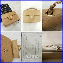 VTG CHANEL Classic Flap Mini Square Beige Gold Leather Shoulder/Crossbody Bag