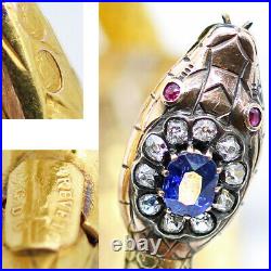 Victorian Bracelet Bangle Gold Sapphire Diamonds Rubies Snake w Appraisal (6247)