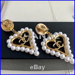 Vintage 1994 LARGE Chanel CC Logo Pearl Heart Gold Tone Statement Clip Earrings