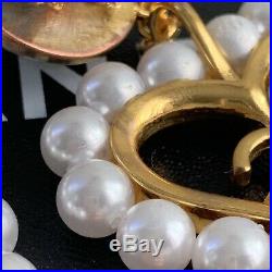 Vintage 1994 LARGE Chanel CC Logo Pearl Heart Gold Tone Statement Clip Earrings