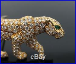Vintage Cartier Panther 3.50ct Diamond & Emerald 18K Yellow Gold Brooch Panthere