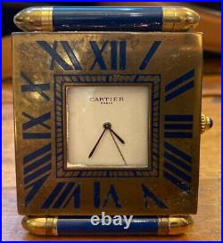 Vintage Cartier Quartz Alarm Clock Travel Golden Metal Blue Lacquer Art Deco 20t