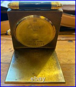 Vintage Cartier Quartz Alarm Clock Travel Golden Metal Blue Lacquer Art Deco 20t