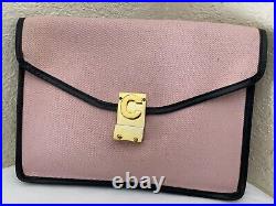 Vintage Celine Pink Fabric Canvas Black Leather Trim Gold Tone Logo Clutch Purse
