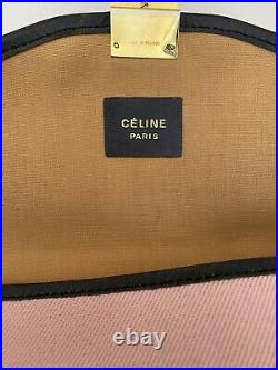 Vintage Celine Pink Fabric Canvas Black Leather Trim Gold Tone Logo Clutch Purse