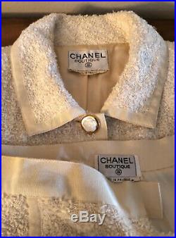 Vintage Chanel Ivory & Gold Camellia Fantasy Tweed Jacket Suit Fr 34/ 36 2 4