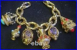 Vintage Etruscan 18 Karat Yellow Gold Multi Gems Charm Bracelet Jewelry 116.3 Gr