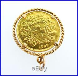 Vintage Swiss 22k Yellow Gold Helvetia 20 Franc Coin Pendant 18k Gold Bezel