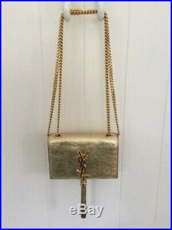 Ysl Kate Chain Small Purse With Tassel In Crinkled Gold Metallic Leather